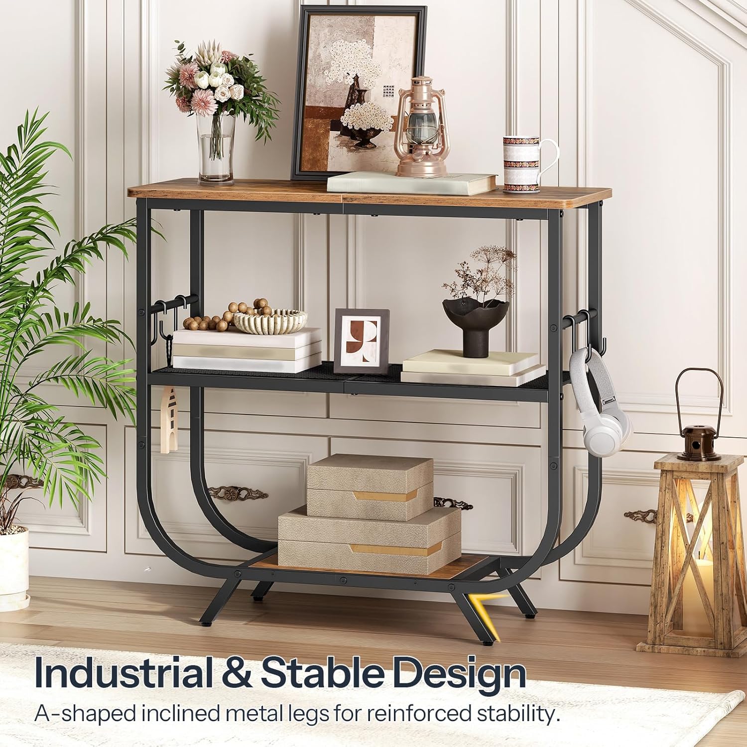 HOOBRO 3 Tier Small Console Table, 31.5" Entryway Table with Storage Shelf, Narrow Sofa Table, Behind Couch Table, Hallway Table with S-Hooks, for Living Room, Rustic Brown and Black BF63XG01