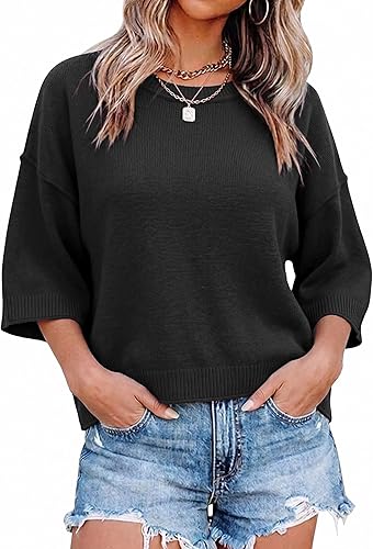 Sweater for Women Summer Short Sleeve Oversized Cropped Sweaters Casual Crewneck Lightweight Knit Tops