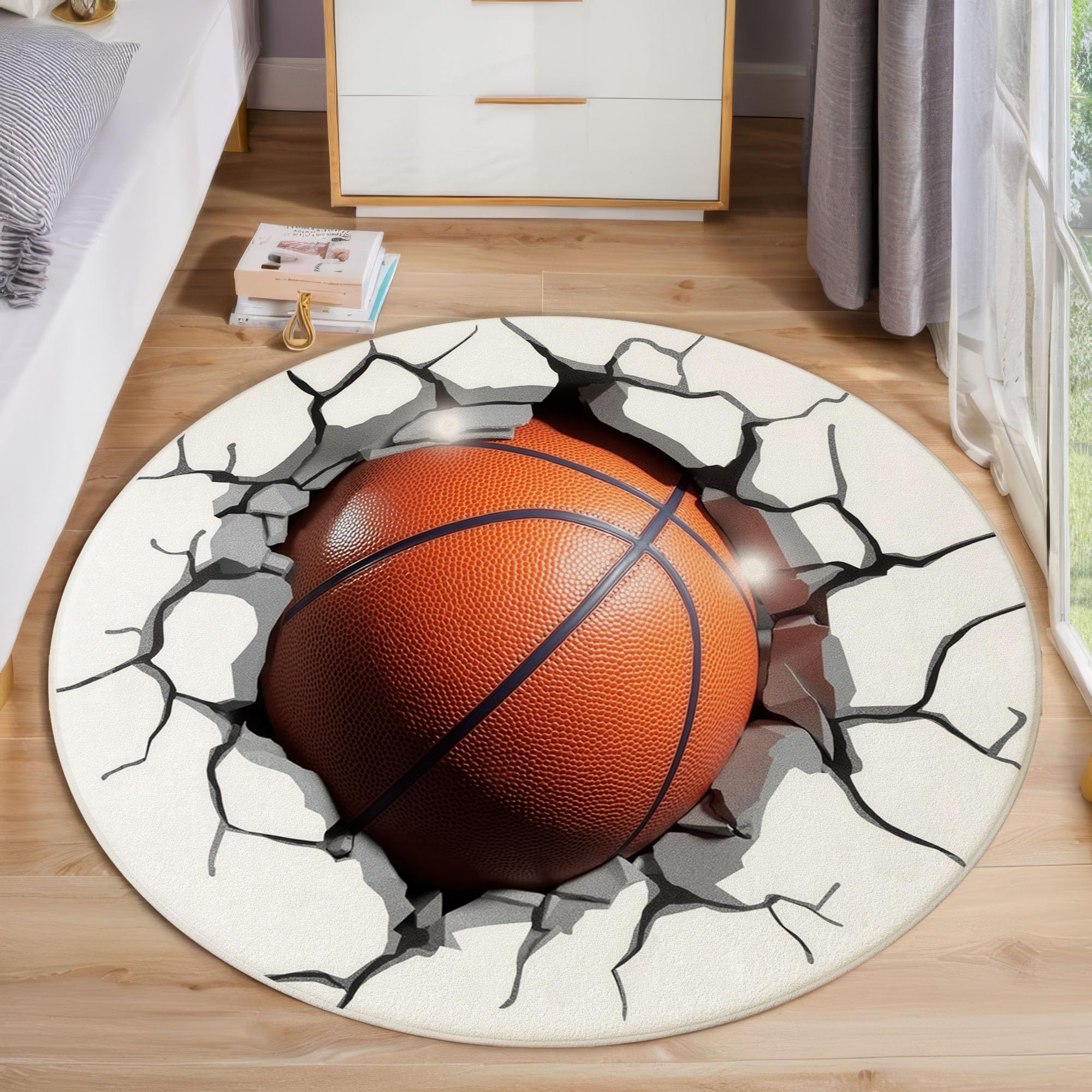 Tapis rond basket-ball blanc 200cm lavable en machine pour chambre