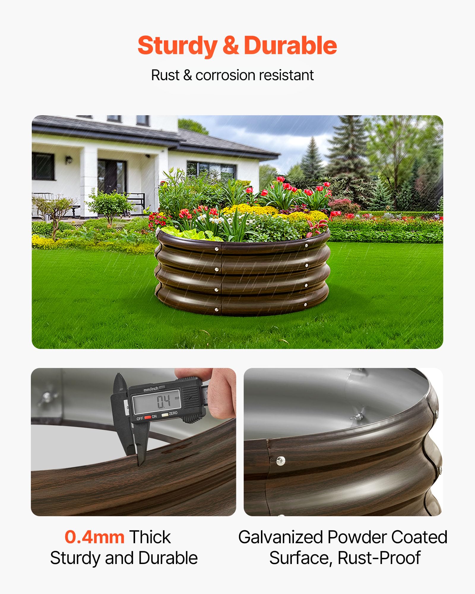 VEVOR Cama Elevada de Jardín 600 x 290 mm Redonda 3 Piezas, Jardinería Elevada de Metal con Base Abierta para Cultivo de Flores Plantas Hierbas Huerto con Accesorios para Jardín Terraza Patio Balcón