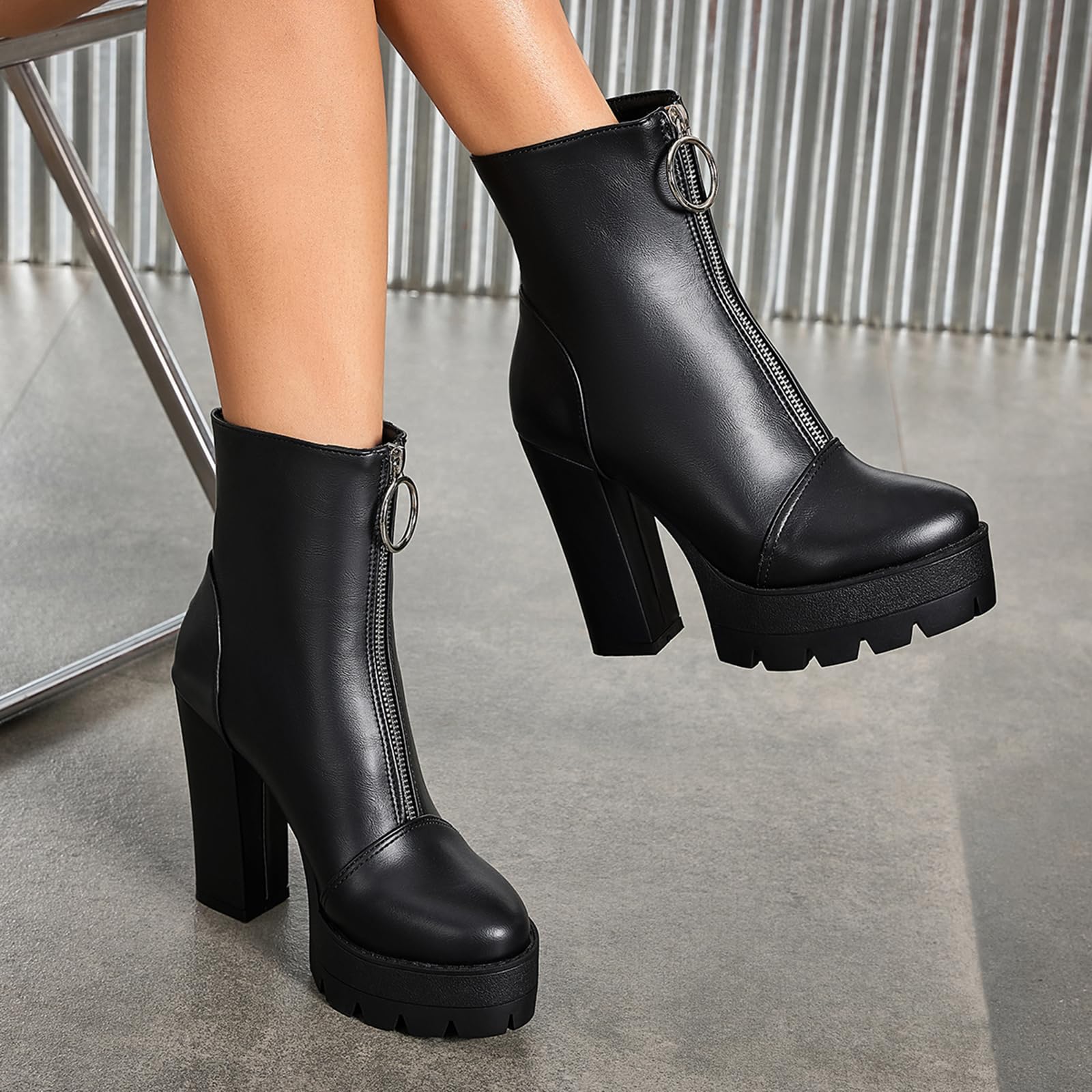 Stivali da Donna con Plateau Cerniera, Tacco Blocco Alto 11,5 cm, Sexy Eleganti Tronchetti, Disponibile in Nero e Marrone