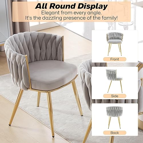 Miniatura 9 de Juego de 4 sillas de comedor tejidas de terciopelo, modernas sillas de comedor tejidas a mano con patas de metal dorado, sillas tapizadas con marco