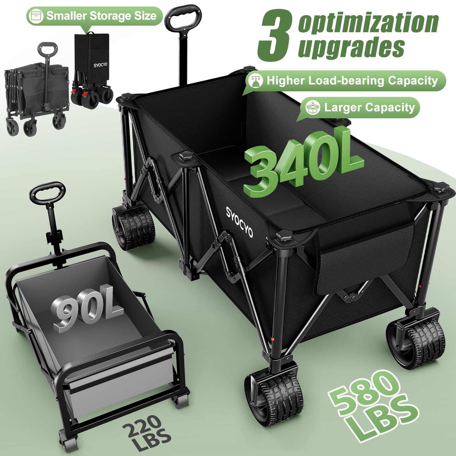 Beach Wagon Carts Foldable 580LBS Collapsible Wagon with Big All-Terrain Wheels for Sand 340L Heavy Duty Utility Carts with Cup Holders for Garden, Camping, Grocery, Black - Image 4
