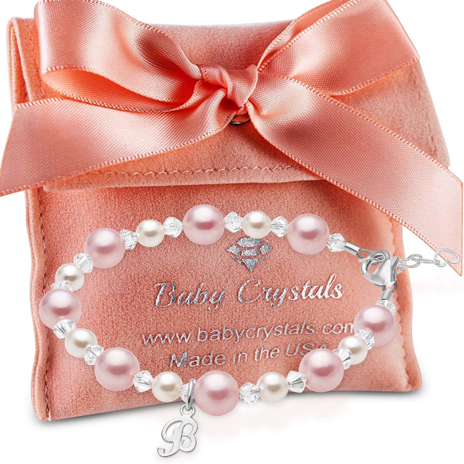 Baby Crystals Sterling Silver Pink Pearl Bracelet for Baby Girls – Newborn, Infant, Toddler, Teen, Mommy, Baptism, Birthday Gifts for women I Children’s Jewelry I Initial Charm Bracelets for Girls