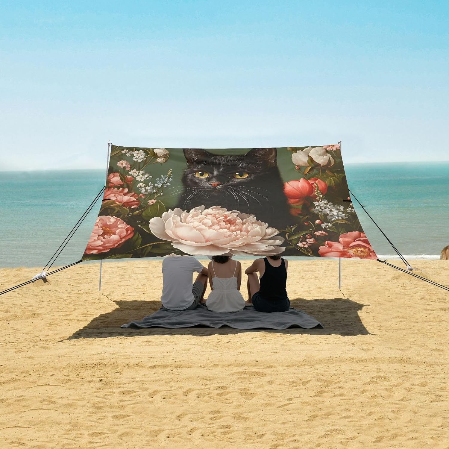 ALAZA Black Cat Peony Flowers Beach Tent Sun Shelter UPF50+ Protection Beach Shade Canopy w/ 4 Sandbags for Outdoor Camping, Fishing, Backyard Fun, Picnic, 10x9 ft