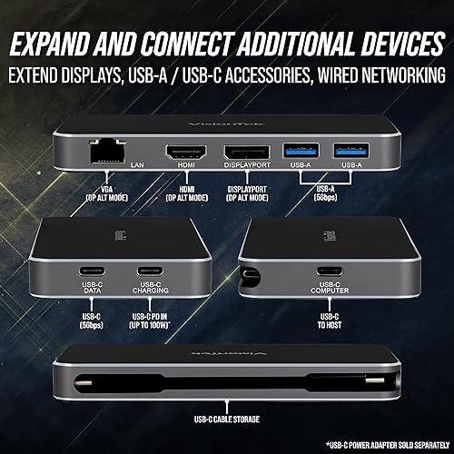 Miniatura 3 de VisionTek VT350 - Estación de acoplamiento USB-C de doble pantalla con paso de alimentación  DP, HDMI, Ethernet, 2X USB-A, 1 USB-C para Windows,