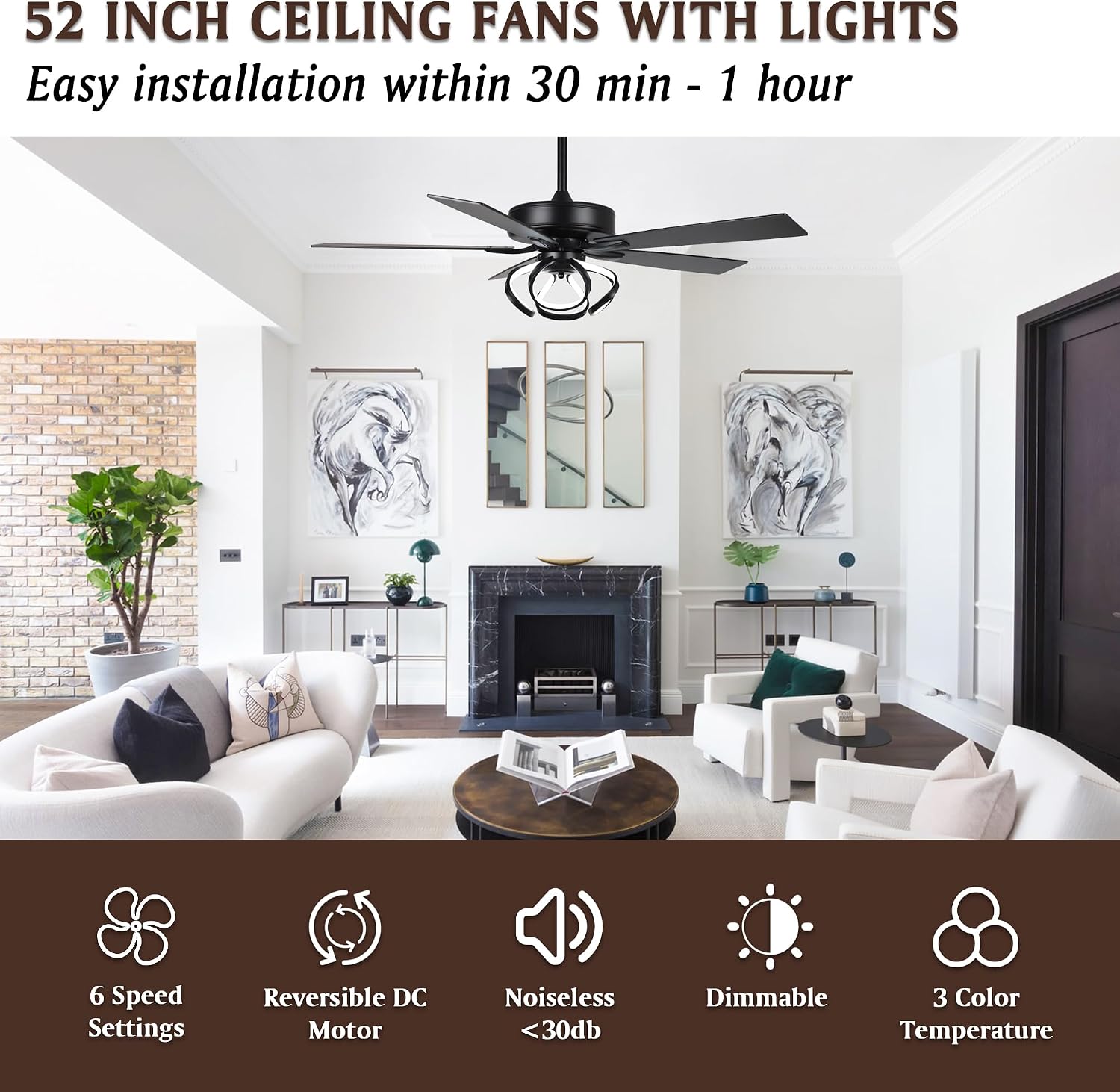 Parrot Uncle Ceiling Fans with Lights and Remote, 52 Inch Black Chandelier Ceiling Fan for Bedroom Living Room, Dimmable Lighting Ceiling Fans with 6-Speed Reversible DC Motor, ETL