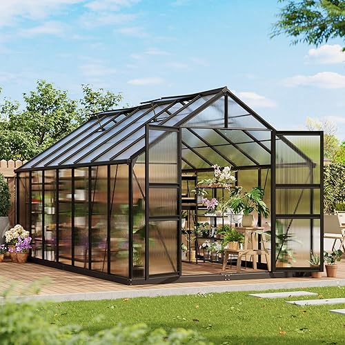 8x14 FT Polycarbonate Greenhouse,Large Walk-in SturdyOutdoor Aluminum Frame Greenhouse with Roof Vent, Lockable Push Door,for Garden, Backyard, Patio & Lawn(Black)
