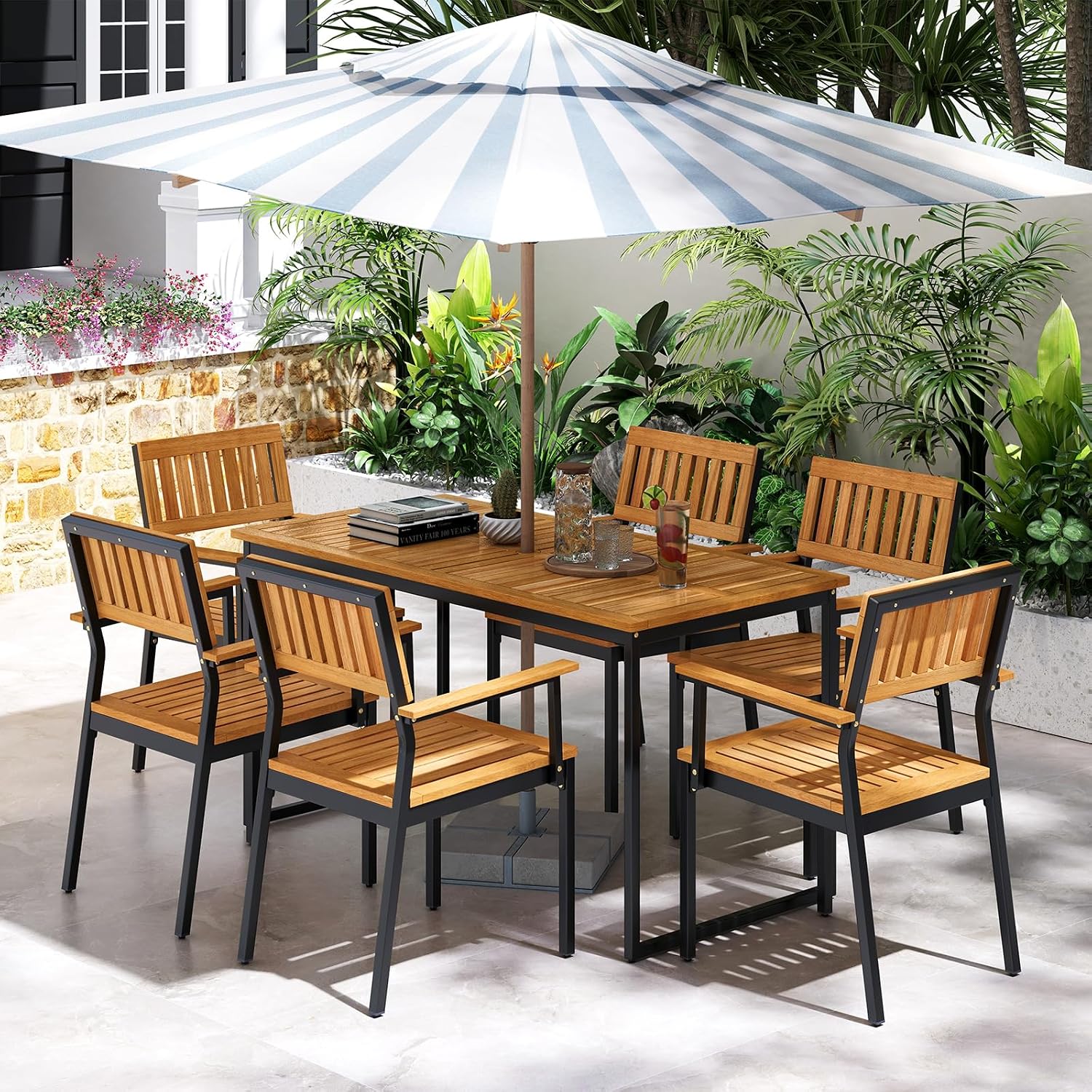 Tangkula Patio Dining Chair Set of 4, Outdoor Chairs w/Metal and Acacia Wood Frame, Armrests, All-Weather Bistro Chairs, Indoor Outdoor Furniture Armchairs for Lawn Backyard Patio Garden