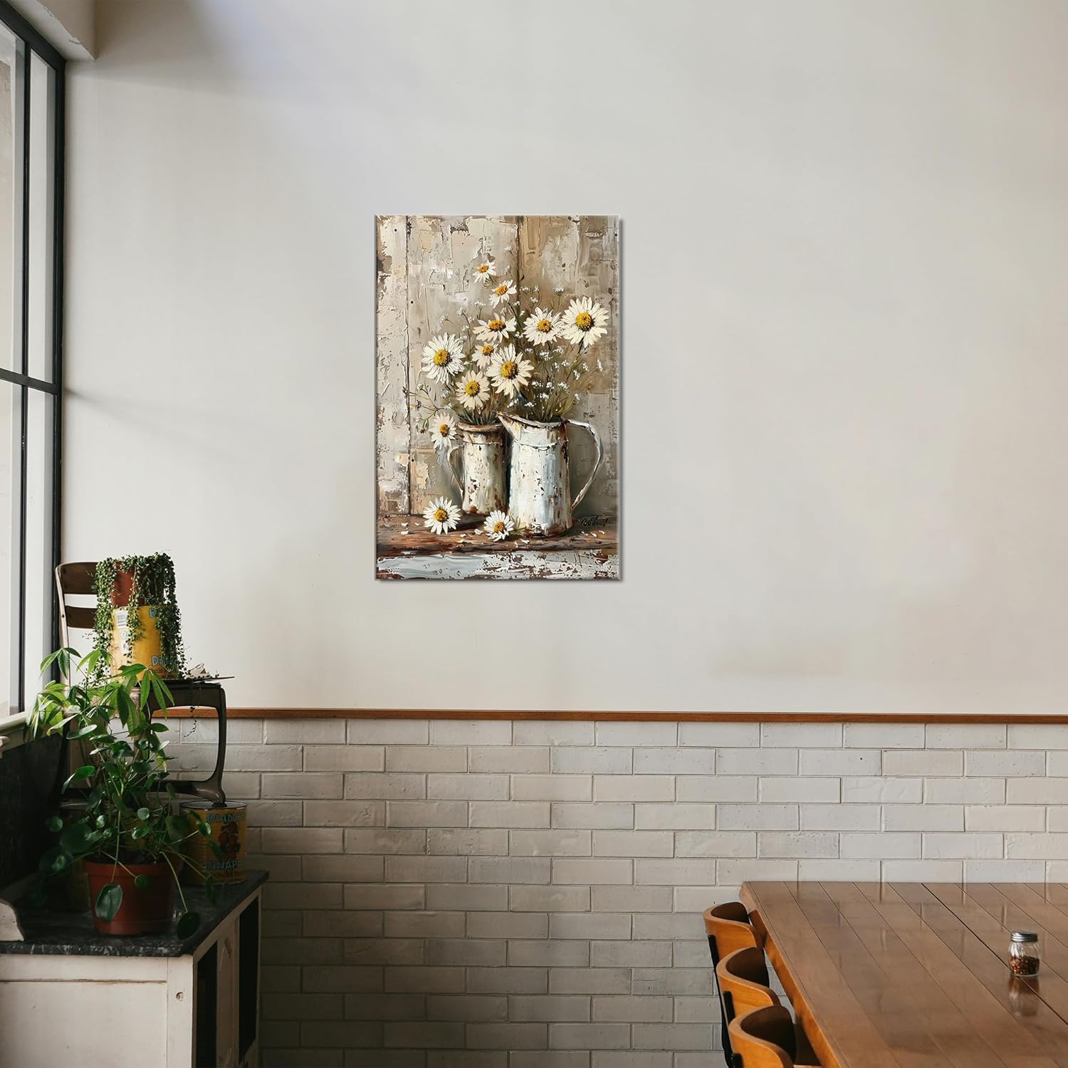 Rustic Farmhouse Daisy Canvas Wall Art Framed, Vintage Country Floral Wall Decor Picture, Modern Prints Farmhouse Daisy Wall Art for Living Room Bathroom Artwork Ready to Hang 16x24inch