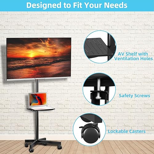 Miniatura 7 de Carritos de TV móviles con ruedas para televisores de panel planocurvado de 21 a 60 pulgadas - Soporte de piso ajustable en altura con estante que