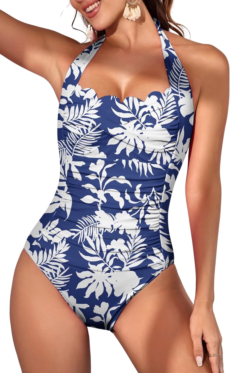 Eomenie Women One Piece Tummy Control Swimsuit Halter Scallop Trim Bathing Suits 1 Piece Vintage Ruched Slimming Swimwear
