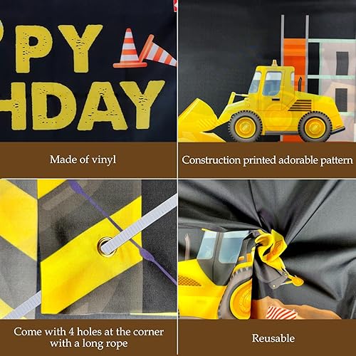 Miniatura 3 de Cartel de fondo de construcción de feliz cumpleaños para niños, camión volquete, excavadora, excavadora, zona de excavadora, accesorios de cabina de