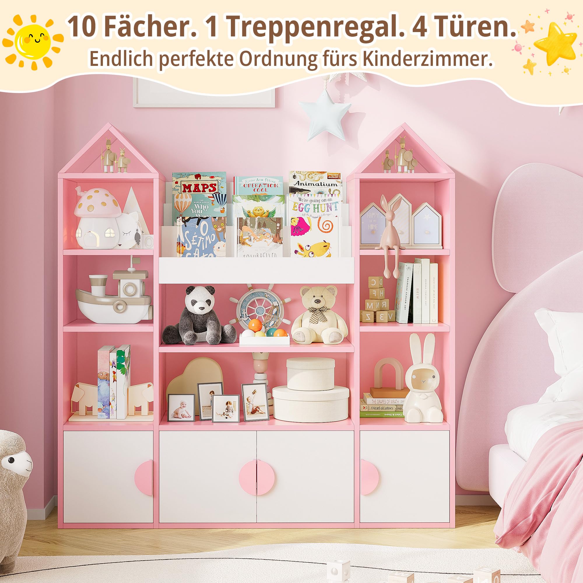IRONCK Kinderregal, Bücherregal Kinder mit 4 Türen, Spielzeugregal Holz, Burgendesign Aufbewahrungsschrank, Spielzeugschrank, Kinderzimmer Möbel, 10 offene Regalböden, 123.5x33x127cm (Rosa)