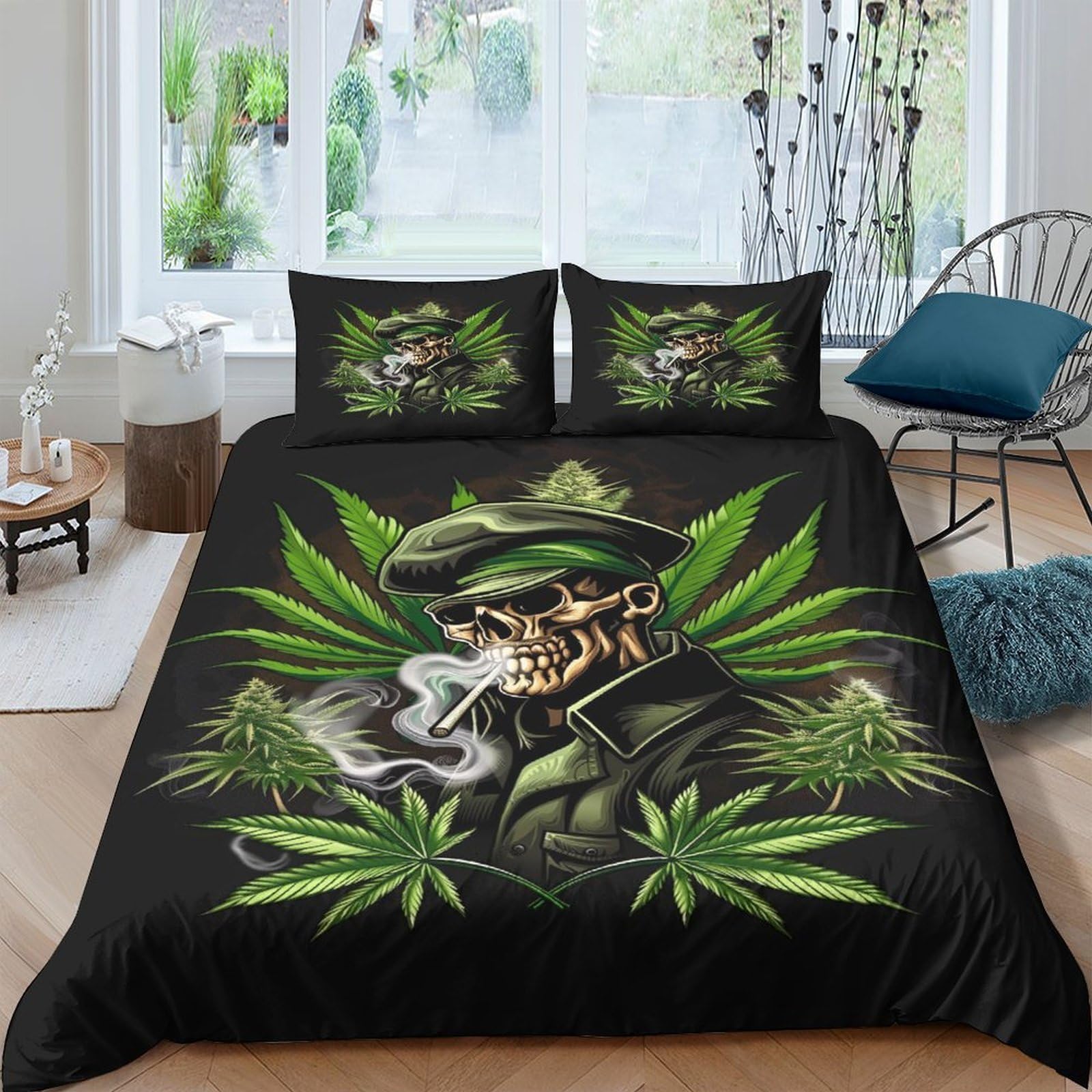 Ctjqhvkz Style-4 3D Printed Smoking Skeleton Fitted Sheet Microfiber Black Green Cannabis Leaf Mattress Cover Bedroom Decor Single（135X200cm）