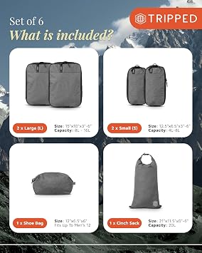 Compression Packing Cubes for Travel by TRIPPED – 6-Piece Premium Set with Laundry & Shoe Bag, Space Saving Travel Organizer Bags for Suitcase & Carry-On Luggage (Grey)