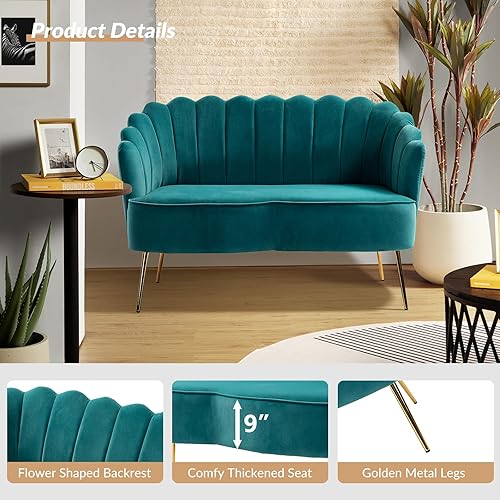 Miniatura 116 de HULALA HOME Moderno sofá biplaza de terciopelo con respaldo en forma de flor, cómodo sofá tapizado de 2 plazas con patas de metal dorado, sofá