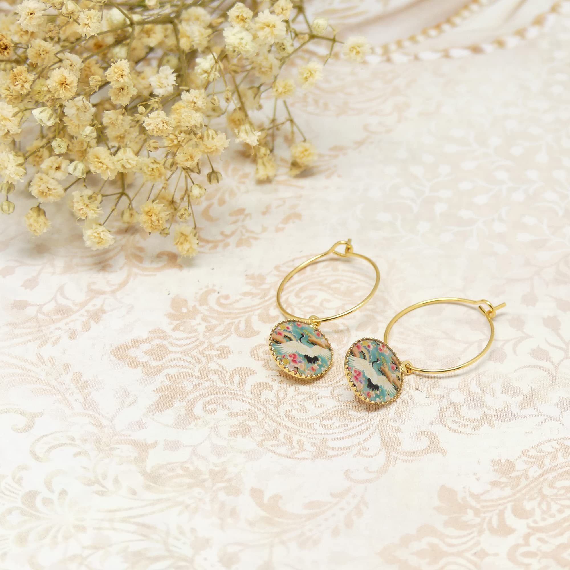 Mini aros Crane Japon verde oro rosa intercambiables latón dorado oro 24K lentejuela resina