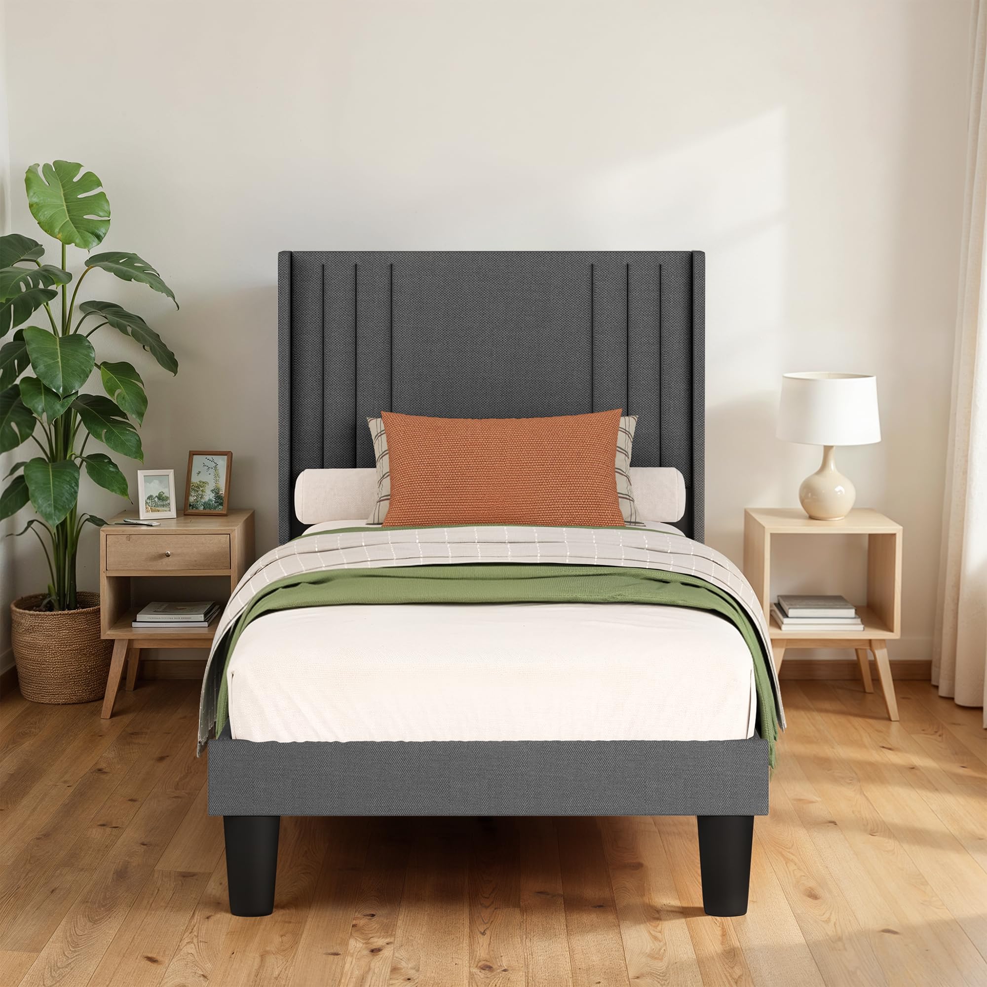 Lit capitonné 90x200 cm, Cadre de Lits avec tête de lit et sommier à Lattes, en Tissu Solide, Cadre de lit rembourré, pour Adolescent et Chambre d'amis, Gris Foncé