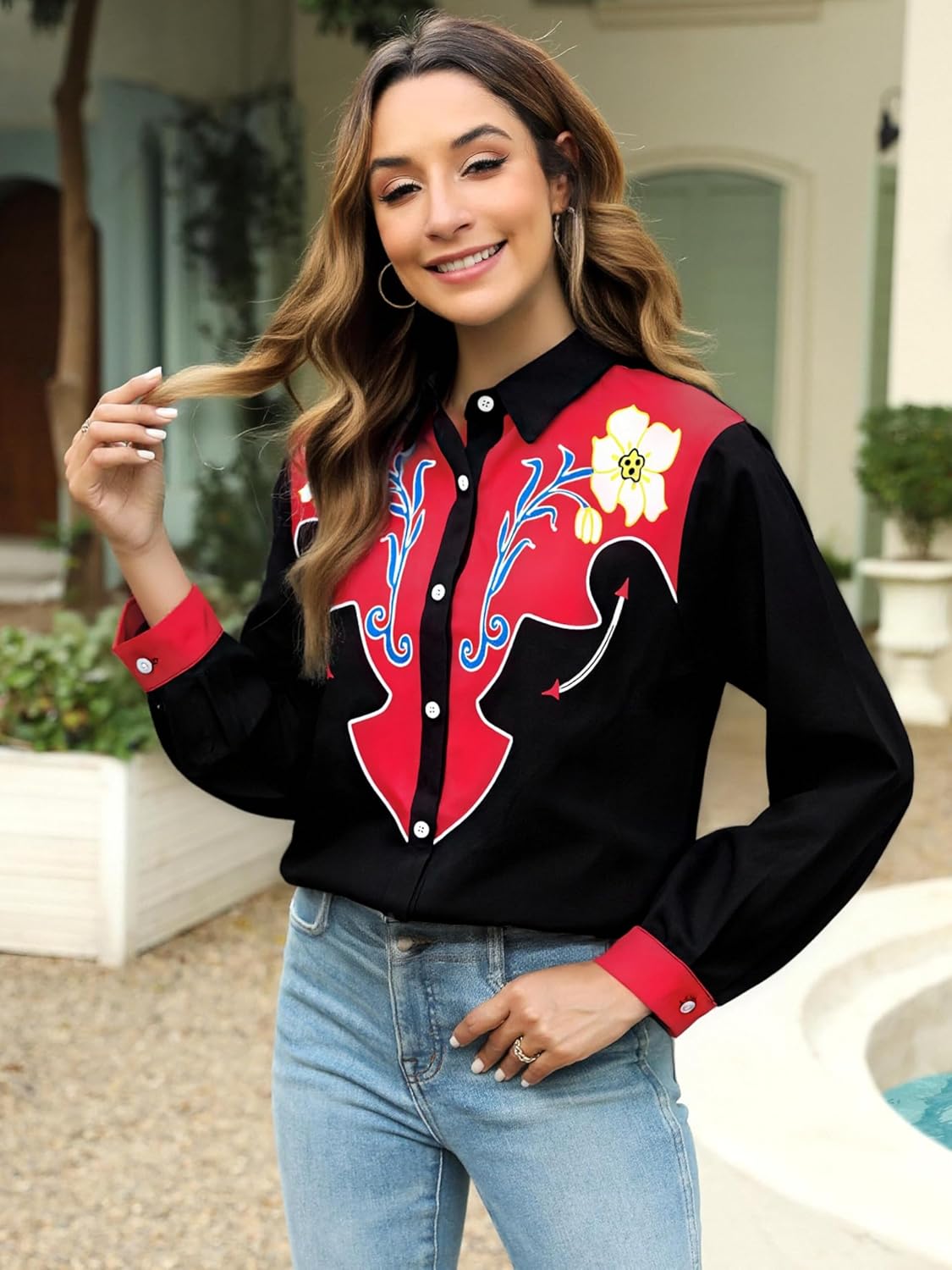 Western Cowboy Shirt Woman Cowgirl Outfits Country Music Top Casual Long Sleeve Button Down Shirts - Image 4