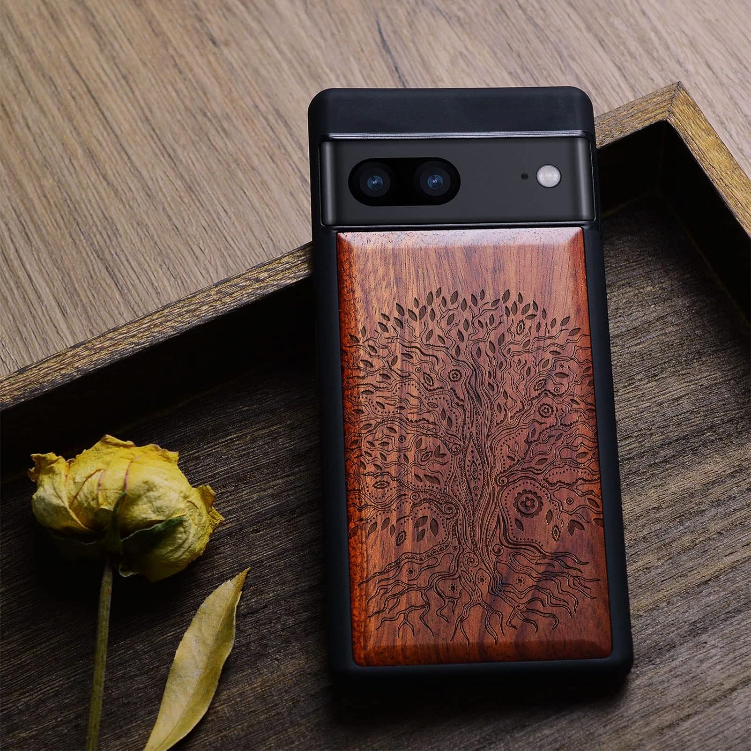 Carveit Wood Case for Pixel 7 Case [Natural Wood & Black Soft TPU] Shockproof Protective Unique & Classy Wooden Cover Compatible with Google Pixel 7 (Hand Drawn Tree-Rosy)