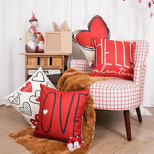 Miniatura 7 de POPCLAP Fundas de almohada de San Valentín de 20 x 20 pulgadas, juego de 4 fundas de almohada de San Valentín, diseño de gnomos de corazón rosa con