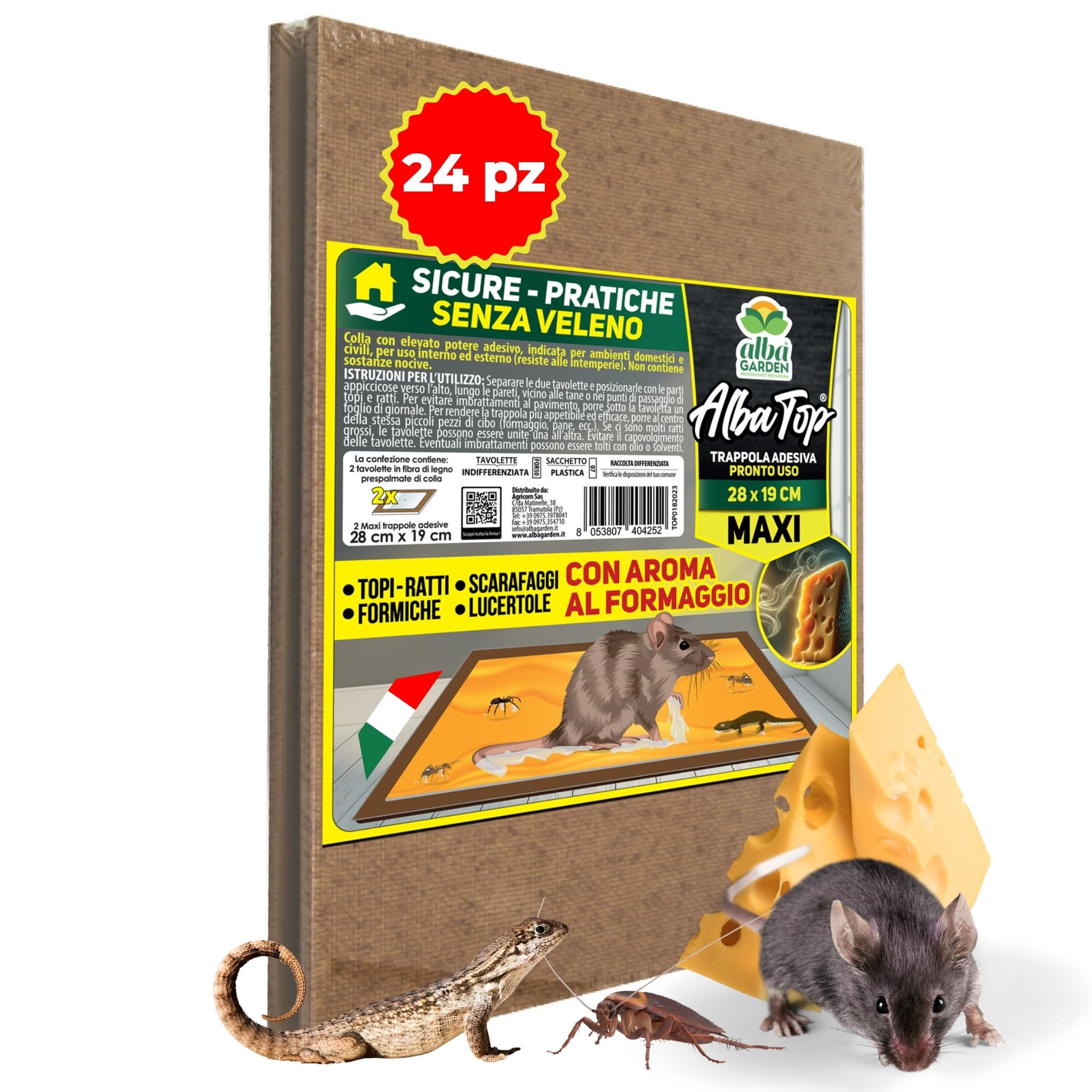 Albagarden - Trappola Per Topi Super Adesiva Professionale con Esca e con Aroma al Formaggio - Tavoletta con Colla Per Topi - Cattura Roditori, Talpe, Rettili, Ratti (24 Pz)