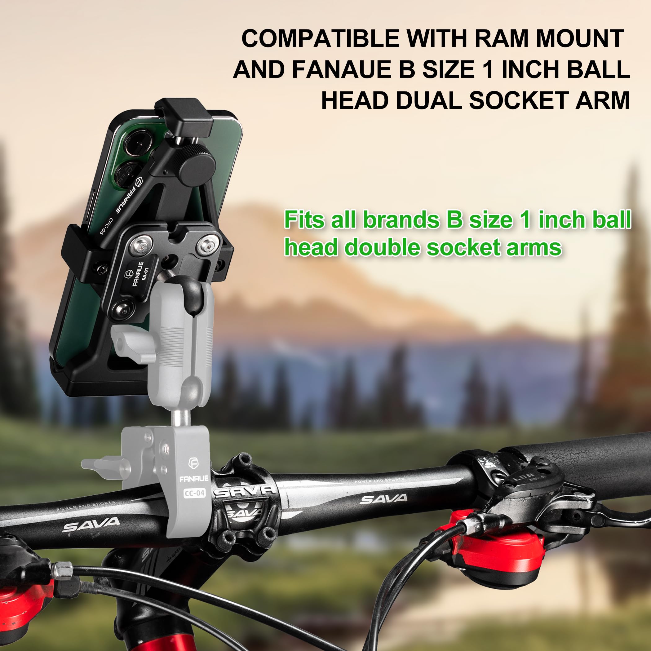 FANAUE CPC-05SA Anti-Vibration-Motorrad-Telefonhalterung mit 2,5 cm Kugelkopf für RAM-Halterungen, B-Größe, Doppelbuchsenarm und Fahrrad-Handyhalter für 5,5-7 Zoll Smartphone, Anti-Locker-Knopf,