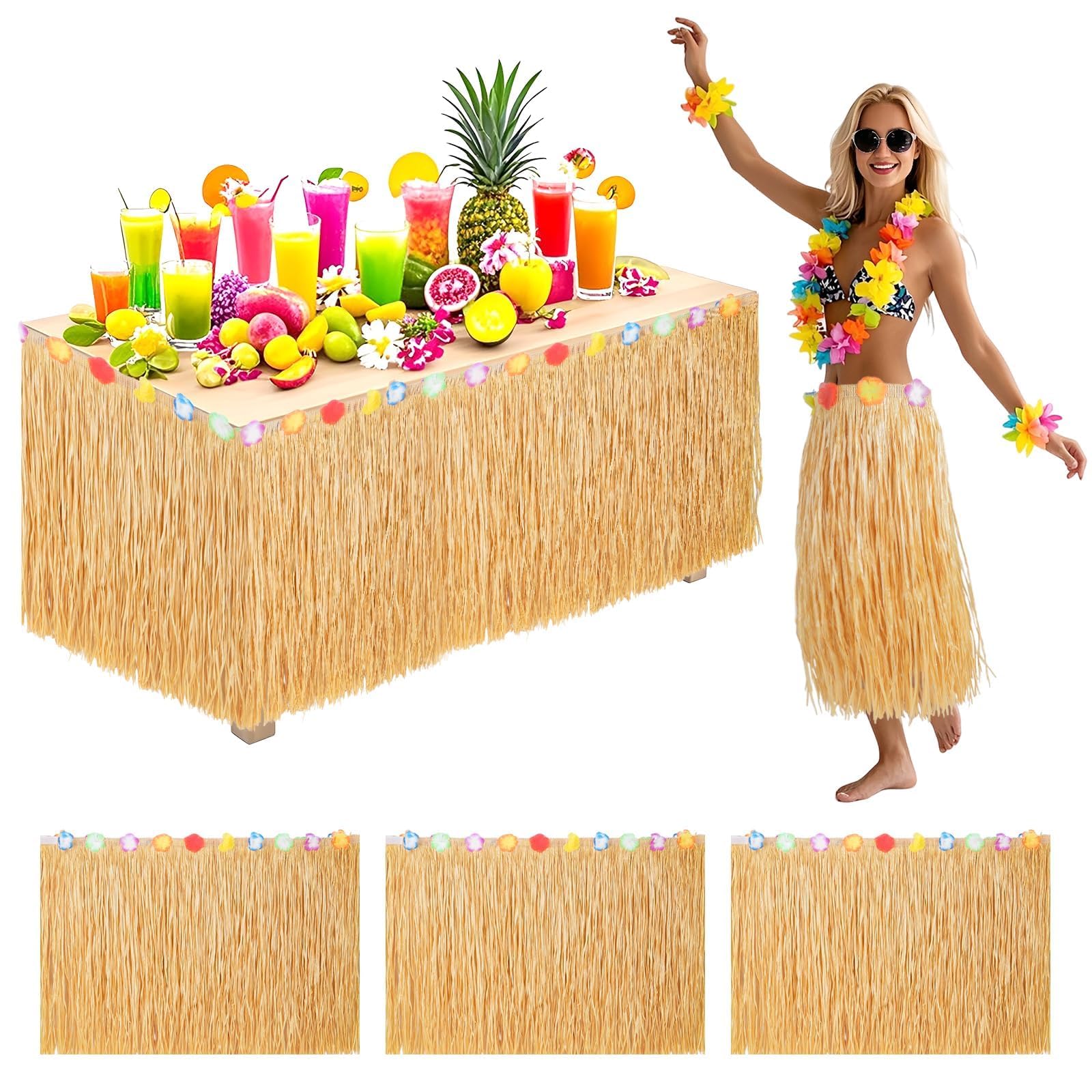 NeusWonder 3 PCS Hawaiian Grass Table Skirt Decorations, Self Adhesive Luau Tropical Table Fringe Skirting for Summer Party, Birthday, Wedding, Beach,
