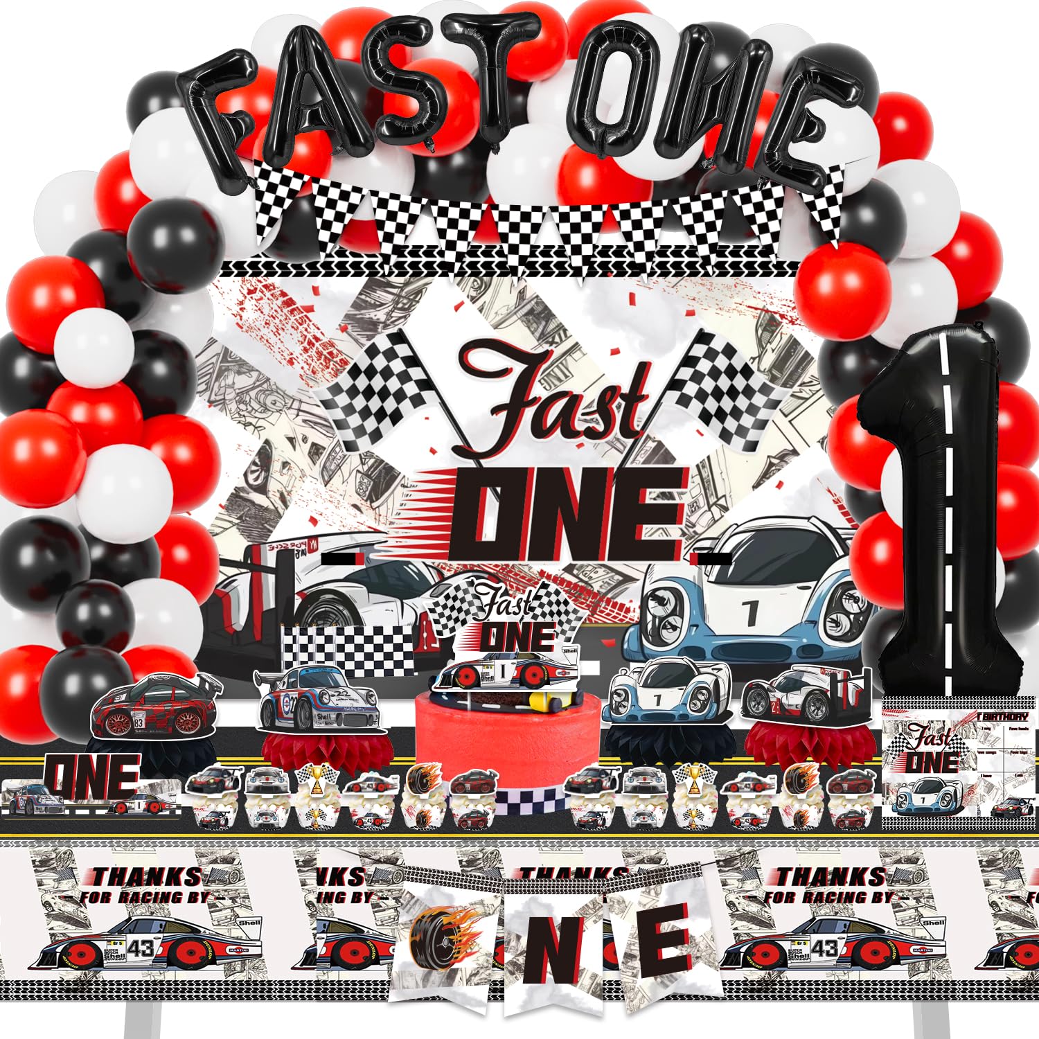 Mpanwen Fast One Birthday Decorations for Boys, 153 Pcs Race Car Birthday Party Supplies - Backdrop, Toppers, Cupcakes Wrappers, Tablecloth, Flags, Centerpiece, Highchair Nanner, Crown and Poster