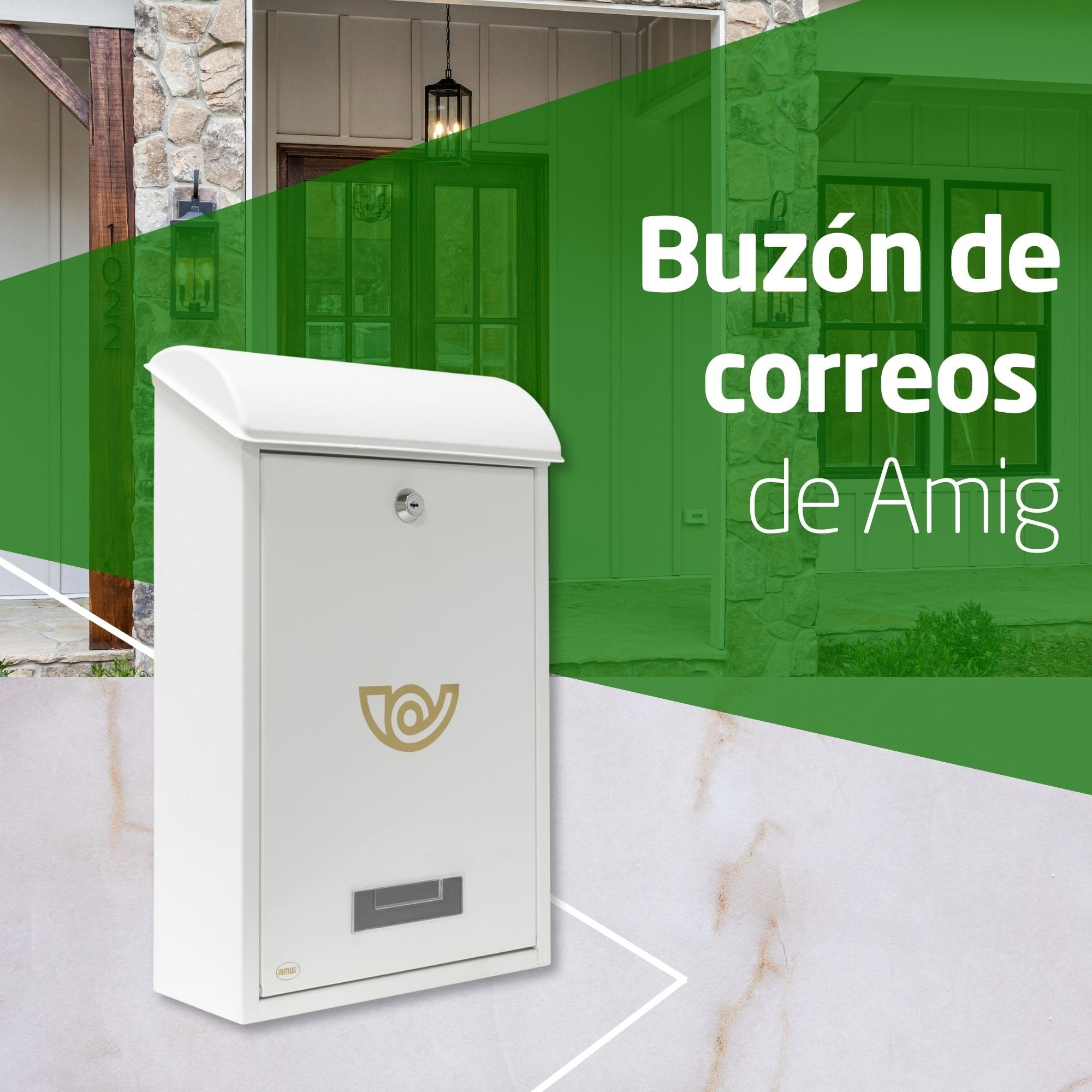 Amig - Buzón Exterior de Pared - Tamaño Compacto para DIN A4 - Apertura Frontal con Cerradura - Acero - Blanco - Fácil de Instalar en Puertas o Verjas - 40 x 24 x 8 cm