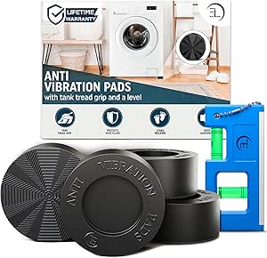 Anti Vibration Pads for Washing Machine with Tank Tread Grip | 4 Pack + Level | Stops Washer Dryer from Moving, Protects Floor | Rubber Antivibration Feet Stabilizer for Leveling Washer Machine
