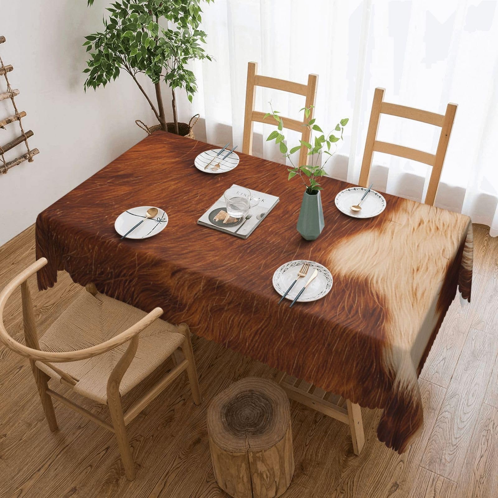 WPKJU red Brown Cowhide Printed Rectangle Tablecloth 72x54 Inch with Lace Trim, Water-Resistant Washable Table Cover for Farmhouse Weddings, Outdoor Picnics & Holiday Dining
