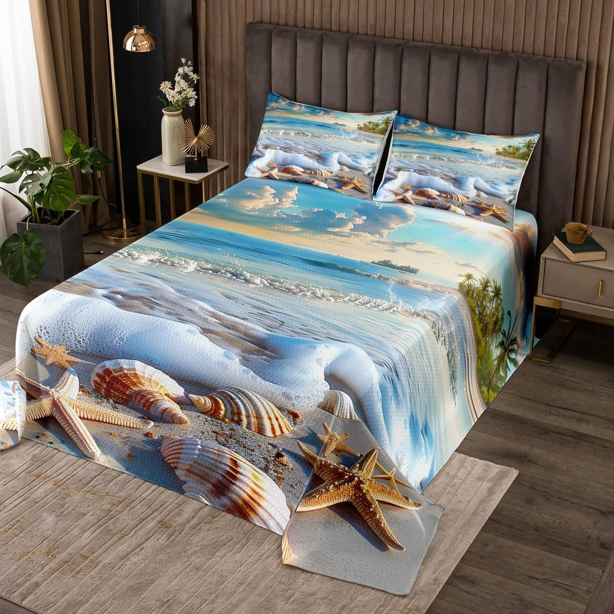 Erosebridal Beach Ocean Coverlet Set Queen Size Sea Wave Starfish Shell Bedspread Set Sunrise Sunset View Scene Bed Sets Hawaii Seashore Summer Coastal Seaside Seascape Bedspread Sets