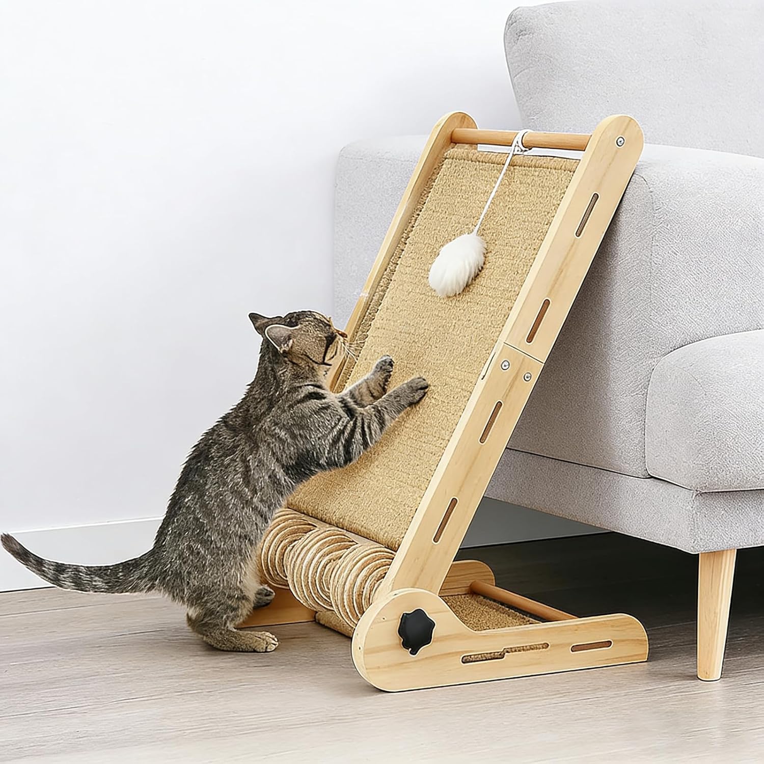 32" Foldable Sisal L Shaped Cat Scratch Pad with Ball Toy, Wooden Cat Scratching Post for Indoor Cats, 180° Angles Cat Scratcher for Indoor Cats, Durable Modern Cat Scratching Board