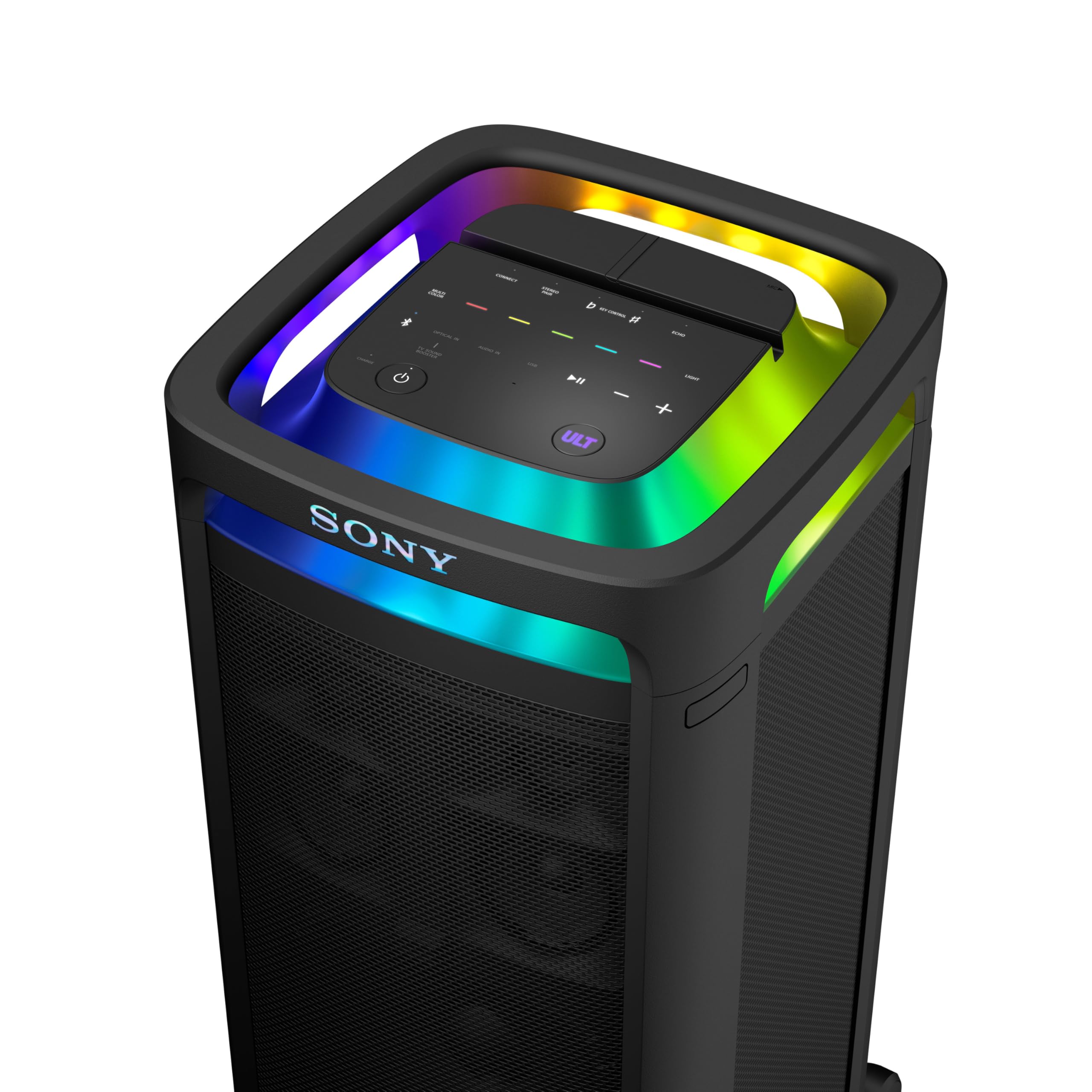 Sony ULT Tower 9 - Ultimativer Bluetooth-Party-Lautsprecher, 25 Stunden Batterie- und Netzbetrieb, 2 ULT Power Sound Modi, X-Balanced Speaker, 360° Beleuchtung & Sound, Karaoke-Eingänge - Schwarz