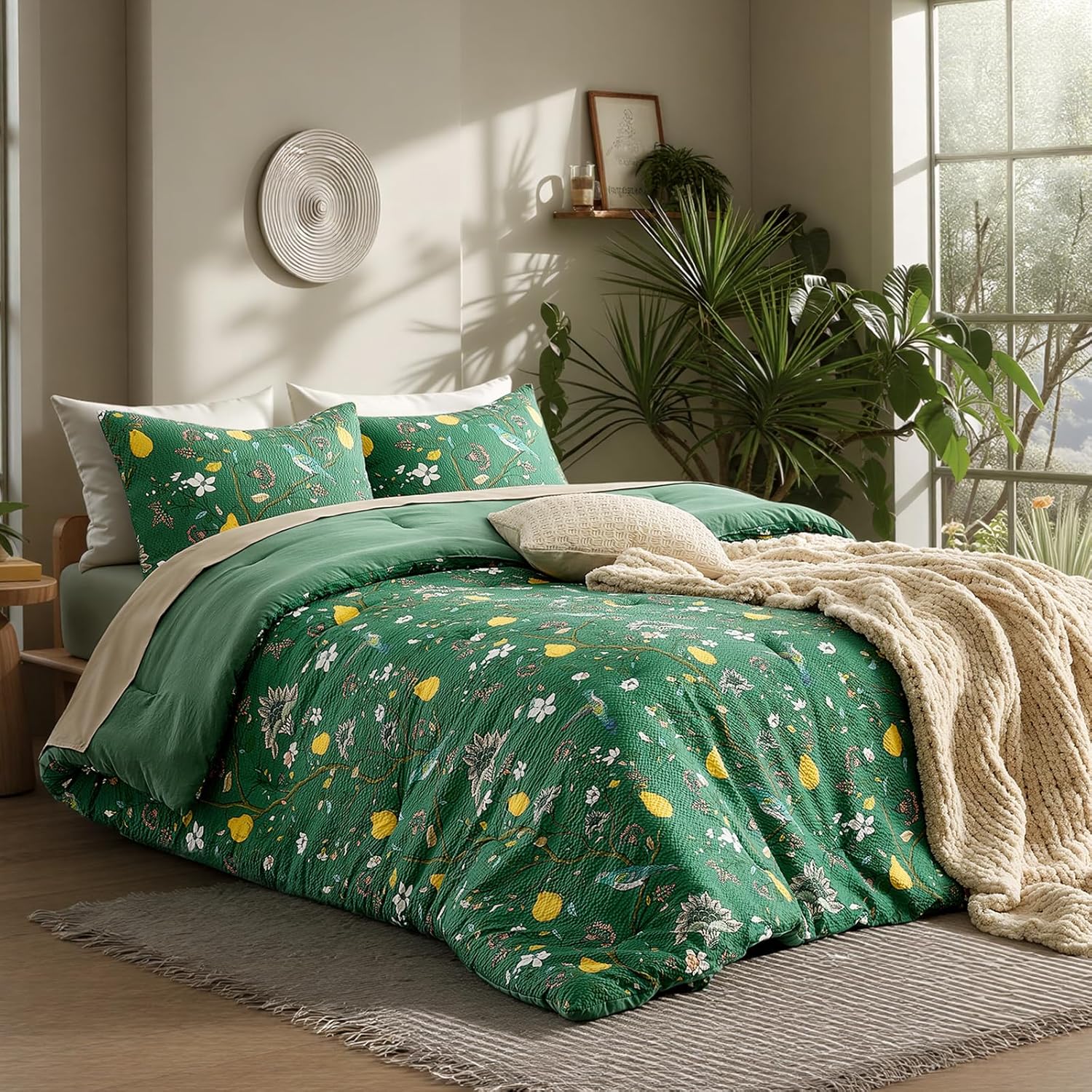 MUSSEL Queen Size Comforter Set 3 Pieces,Green Vintage Botanical Floral Pattern Bedding Comforter Sets,Boho Whimsical Modern Printed Design Cute Seersucker Bedroom Comforter and Shams - Image 2