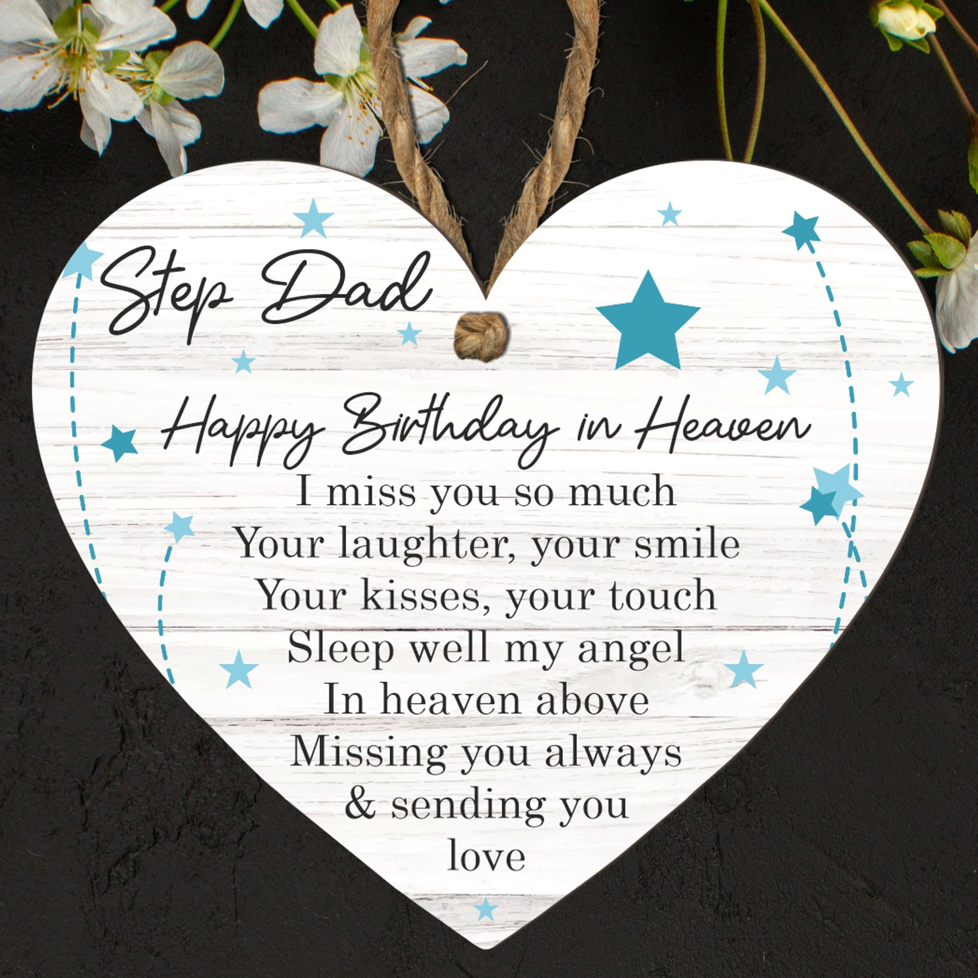 Memorial Heart Plaque – Custom Tribute for Dad, Mum, Boyfriend, Brother, Grandad, Husband, Son, Stepdad, Uncle – ‘Happy Birthday in Heaven’ Remembrance Gift (Step Dad, Medium: 15 cm (H) × 13 cm (W))