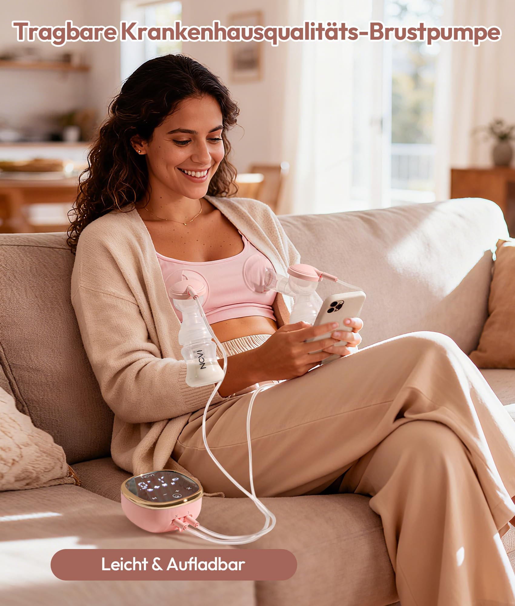 NCVI Milchpumpe Elektrisch mit 4 Modi & 9 Stufen für Effizientes Abpumpen der Muttermilch, Ultra-Leise (40dB), Anti-Rückfluss, USB-Aufladbar – Inkl. 10 Muttermilchbeutel & 6 Stilleinlagen (Rosa)