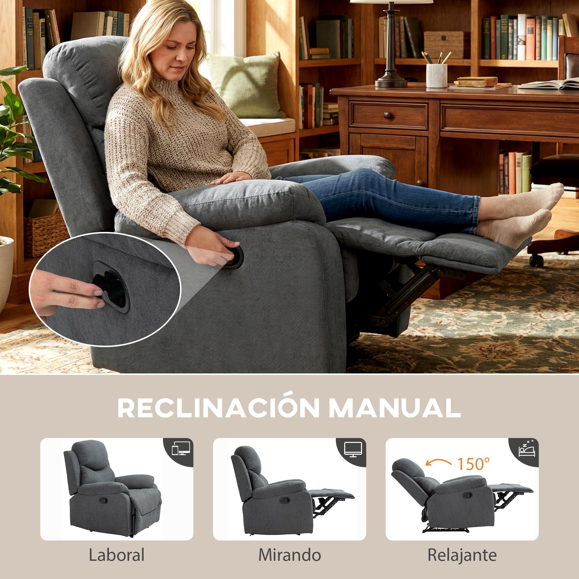 HOMCOM Sillón Reclinable de Salón Sillón Relax Reclinable Manual con Reposabrazos y Reposapiés Carga 150 kg Sofá Relax para Salón Dormitorio Gris
