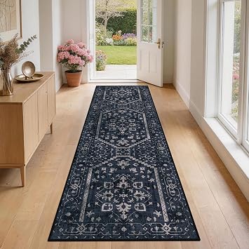 Hallway Rug Runner 2x6 Non Slip Washable, Navy Blue Vintage Kitchen Runner Rugs with Rubber Backing, Soft Boho Mats Low Pile Floor Carpet for Kitchen Bedside Laundry Bathroom Entryway