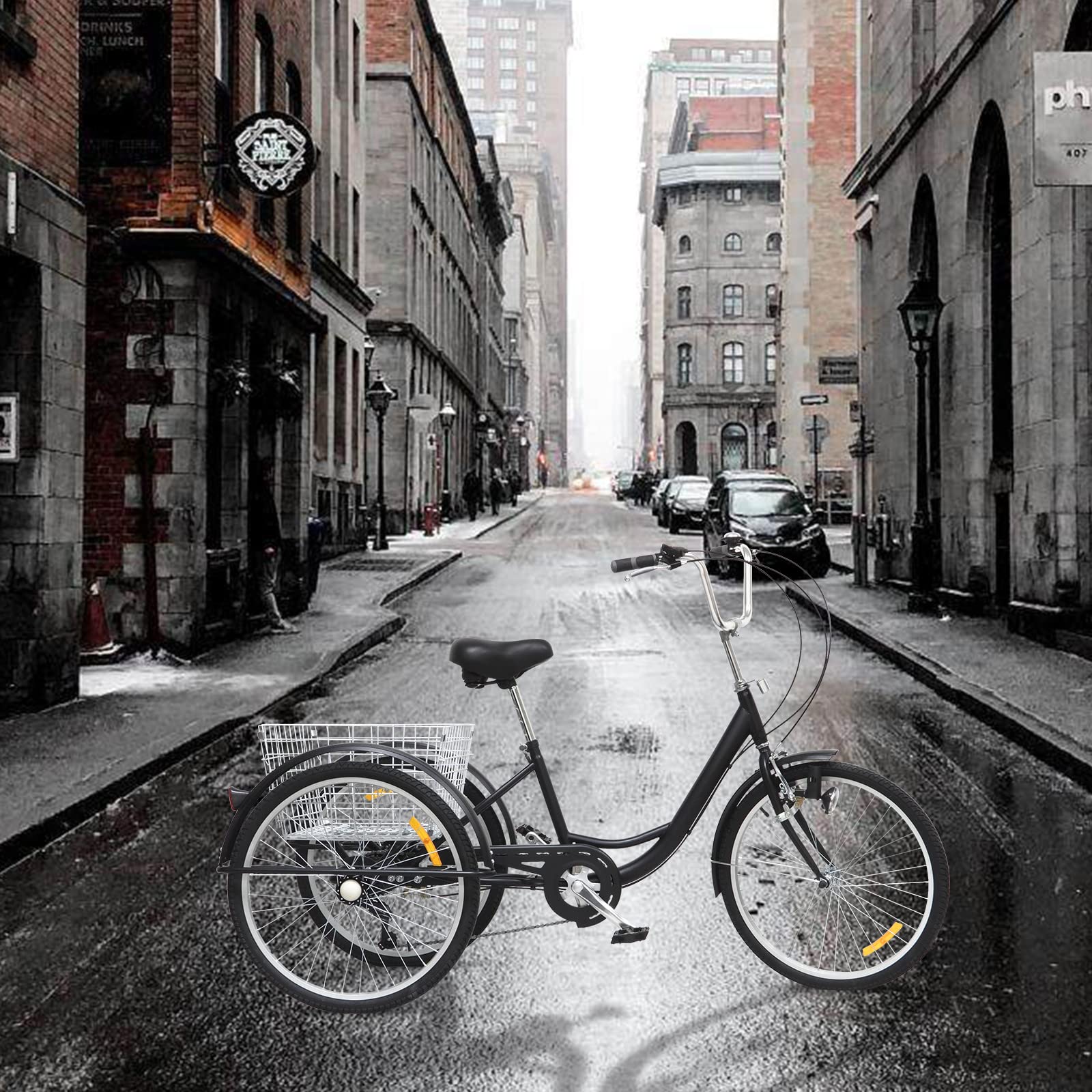 Tricycle adulte de 24" 3 roues avec lampe et panier 6 vitesse croisière vélo pour personnes âgées, filles, garçons, hommes et femmes