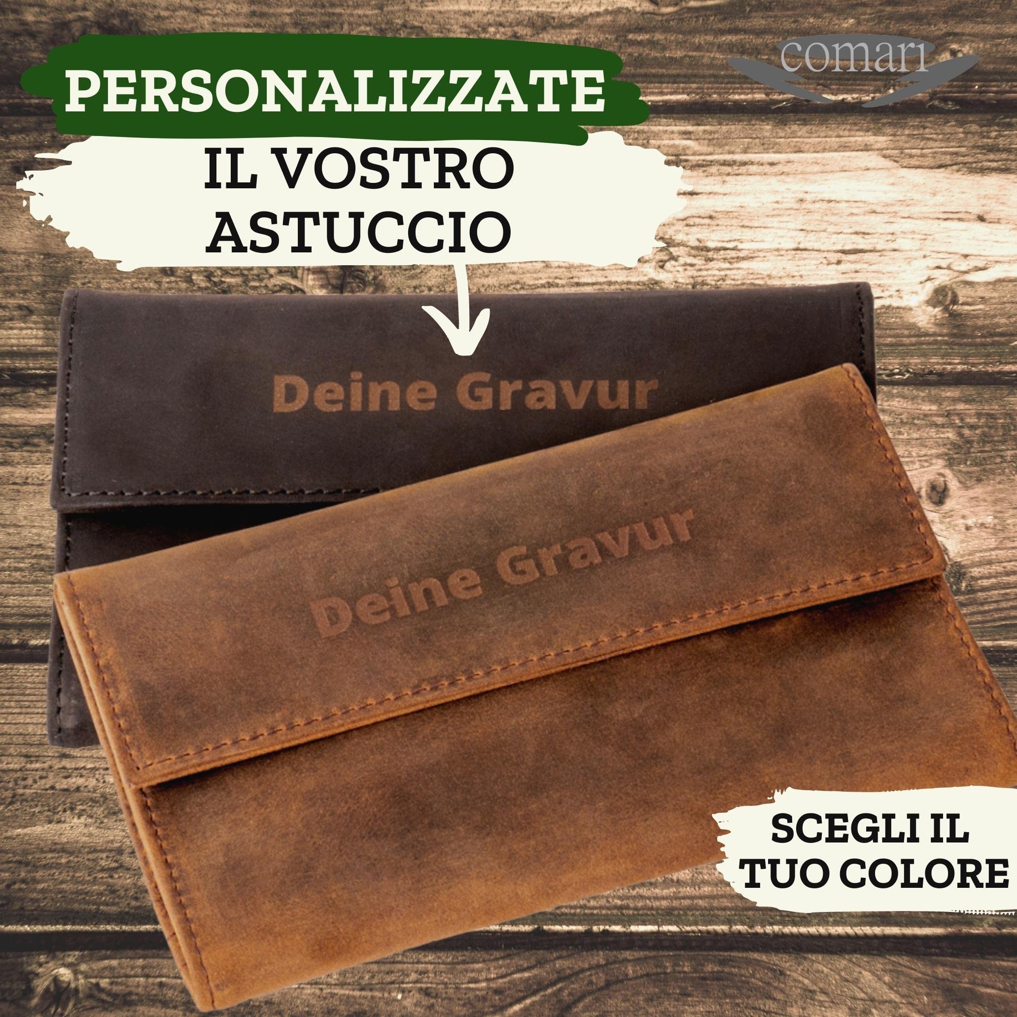 Premium Porta-Tabacco in Pelle con incisione, 2 Scomparti Extra per Cartine Doppia e Filtri, Bottoni Magnetici, Astuccio Tabaco Cuoio(Marrone Vintage)
