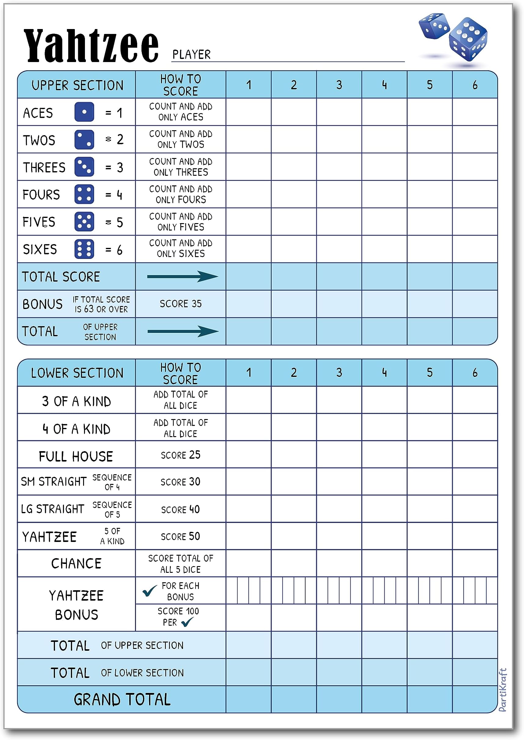 Yahtzy Score Pad - 50 Tear Off Game Sheets - A5 Size - 6 Games on Each Sheet (1 x Notepad)