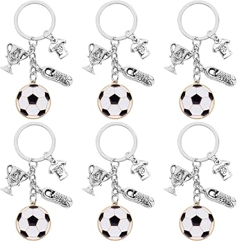 6Pcs Soccer Keychain Alloy Sports Ball Keyrings Soccer Jerseys Soccer Shoes Soccer Trophies Football Charm Key Holder for Women Men Gift or Sports Party Decorations