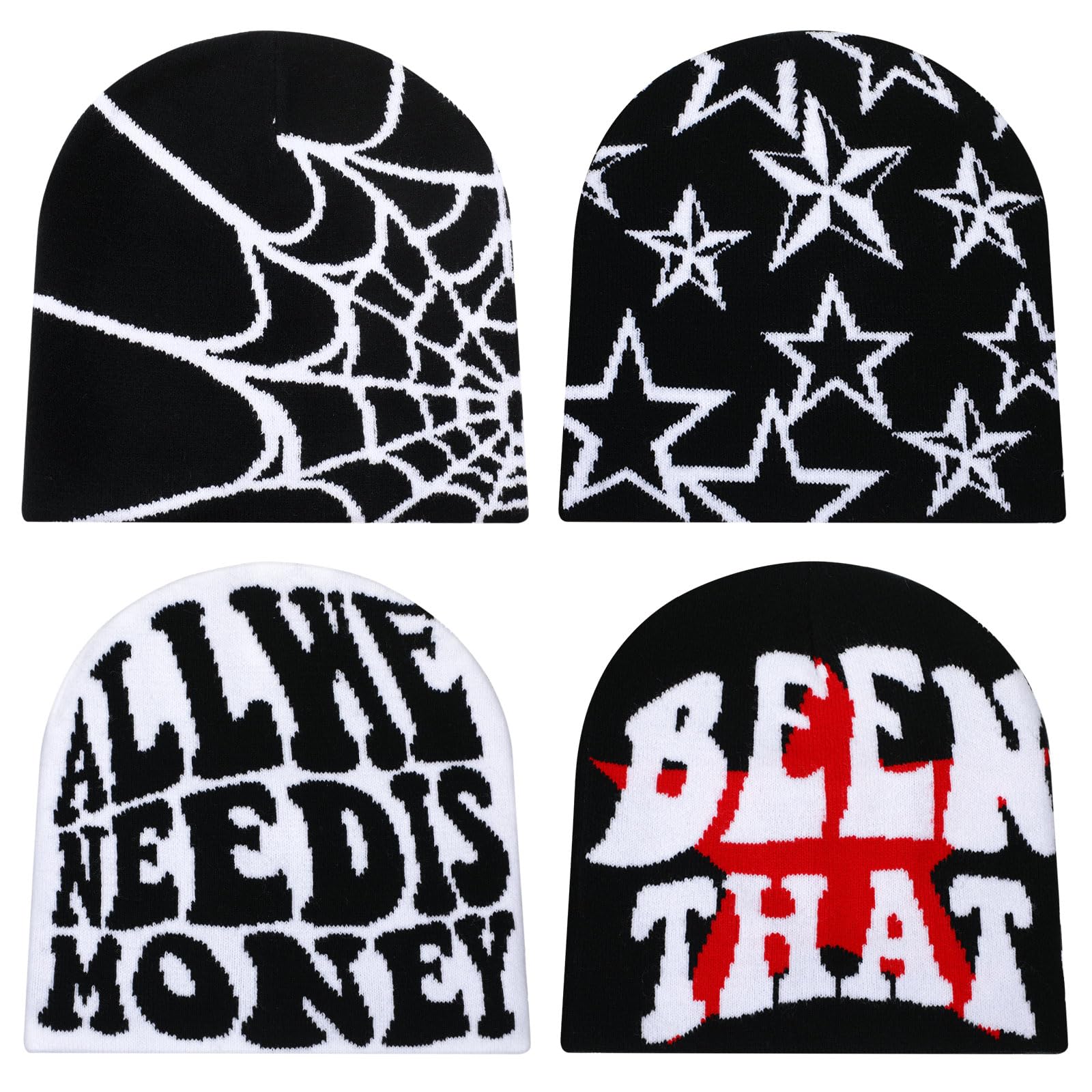 Ramede 4 Pcs Y2k Beanie - Double Sided Graphic Beanies for Men and Women, Acrylic Knitted Y2k Hats Accessories