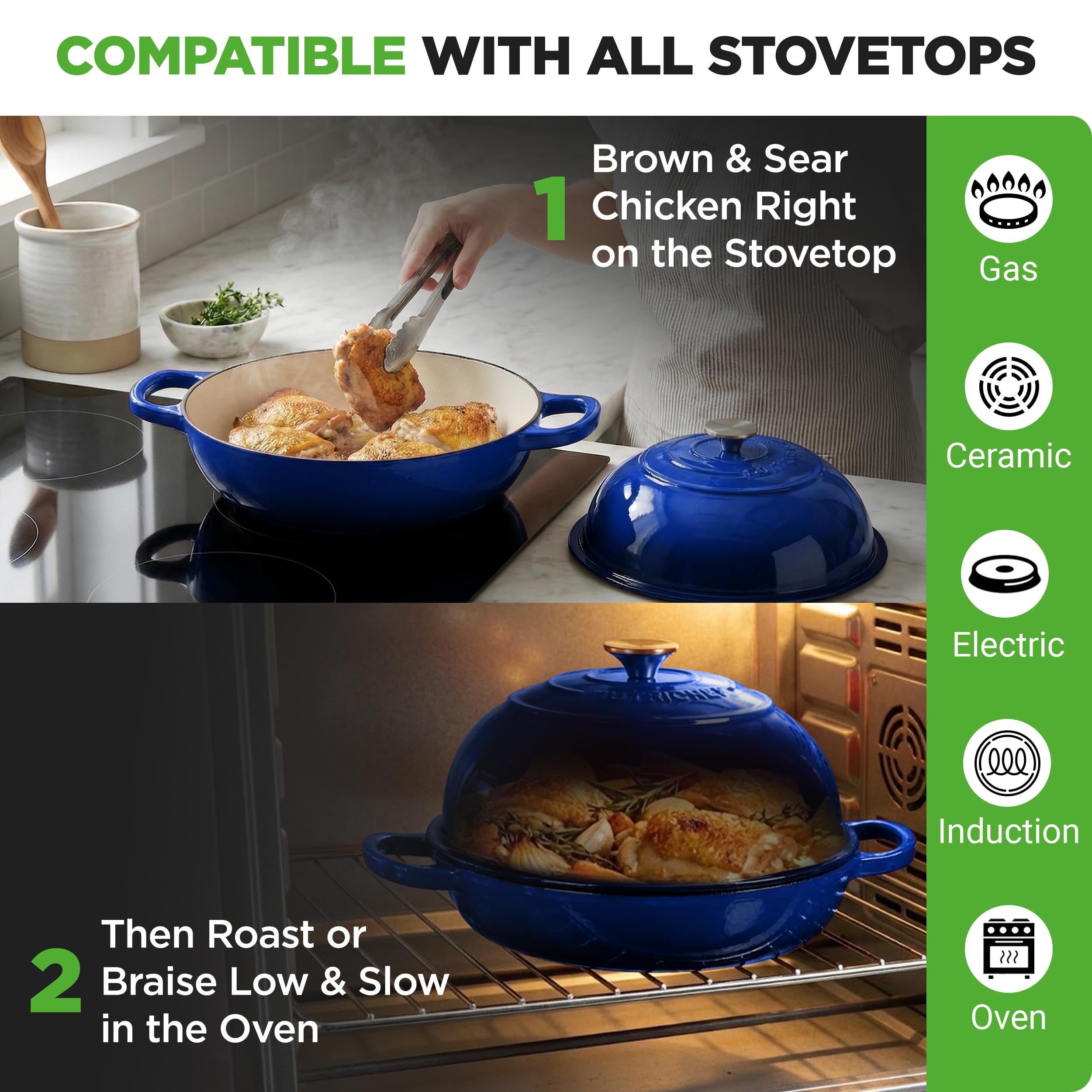 NutriChef 10,2" Emaliowany Żeliwny Garnek do Pieczenia Chleba, Kopułowa Forma do Chleba na Zakwasie z Uchwytami i Silikonowymi Rękawicami, Odporna na Temperaturę do 260°C, Dutch Oven (Niebieska)