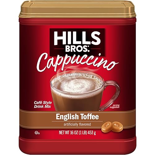 Hills Bros. Instant Cappuccino Mix, English Toffee (16 Oz, Pack of 1) – Convenient and Versatile, Instant Hot or Iced Coffee, Frothy & Rich English Toffee Flavor - Just Add Water