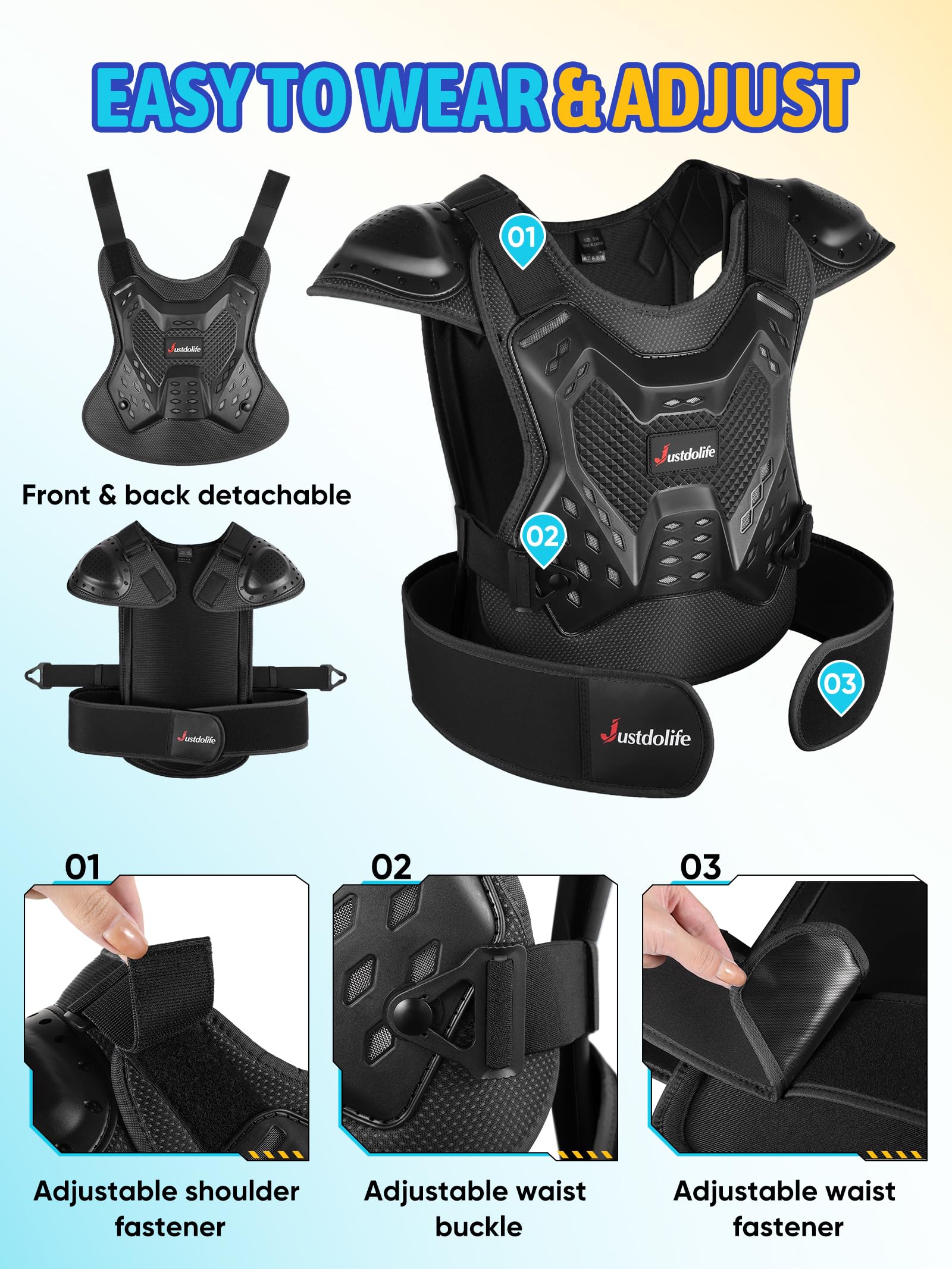 Armatura Moto per Bambini - JUSTDOLIFE Protettore Motocross a Guscio Spesso per Giovani Adolescenti con Protezioni per Ginocchia Gomiti Braccia e Spalle per Ciclismo Fuoristrada sci e Pattinaggio