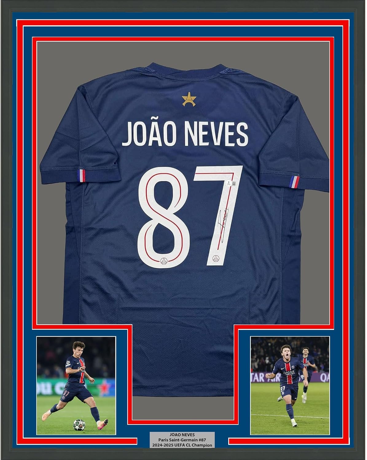 Framed Autographed/Signed Joao Neves 35x39 PSG Paris Saint Germain Blue Soccer Futbol Jersey Beckett BAS COA
